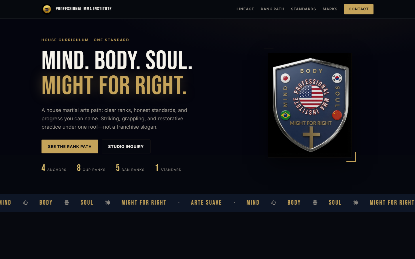 Professional MMA Institute homepage on desktop — Mind. Body. Soul. Might for Right.